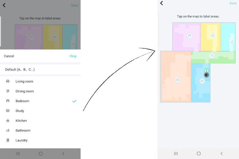 Названия присваиваются отдельным комнатам в приложении Yeedi Арр